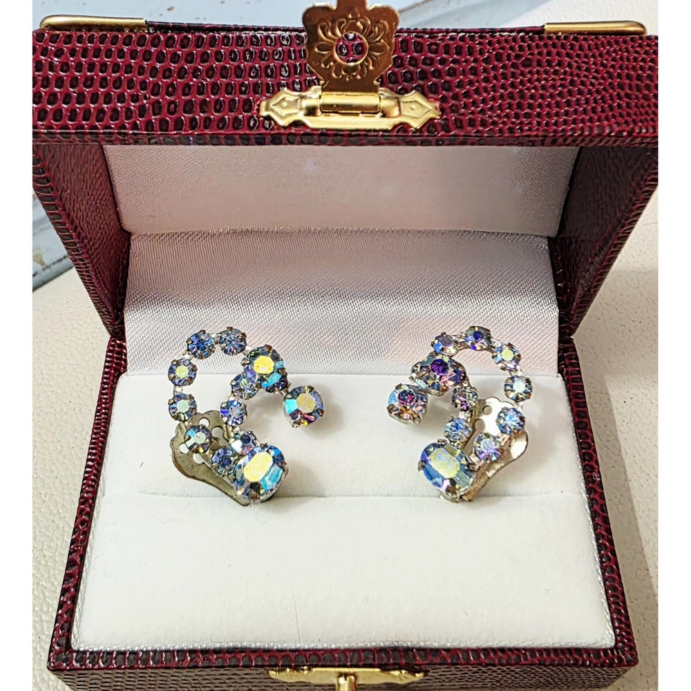 Vintage 1960s Climber Clip-On Aurora Borealis Rhinestone Earrings by Triad